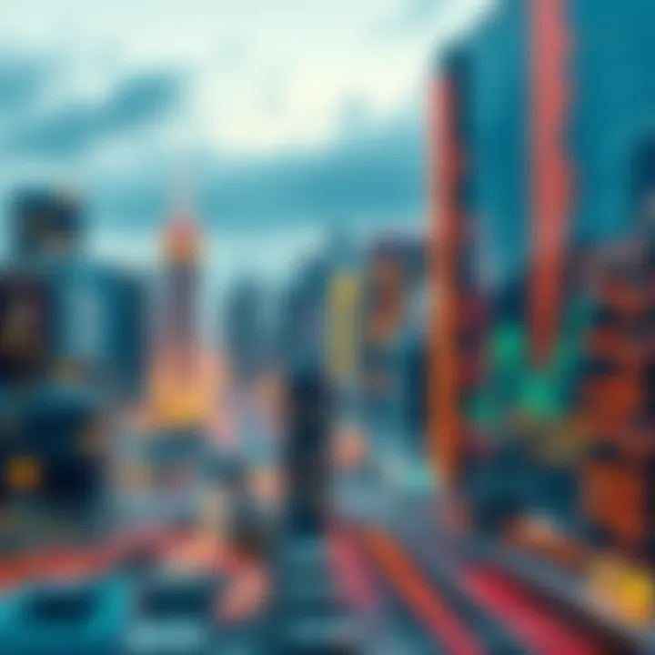 Future Finance Trends A modern city skyline with digital financial graphs and charts overlaying buildings, showing growth and innovation in investments.