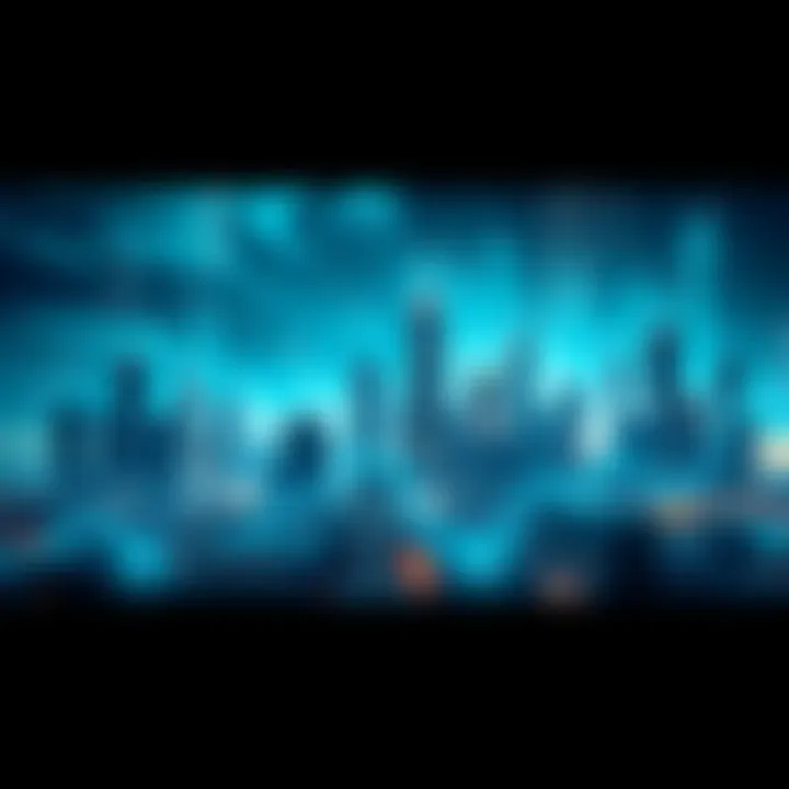 A futuristic city skyline with digital financial graphs and technology symbols in the foreground, representing advancements in finance by 2025.