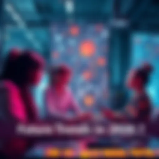 A group of people discussing and brainstorming ideas about future trends in a modern setting with digital technology around them