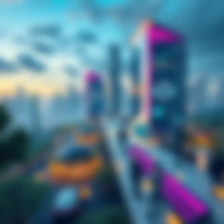 A modern city skyline with advanced technology, green spaces, and people interacting with futuristic gadgets.