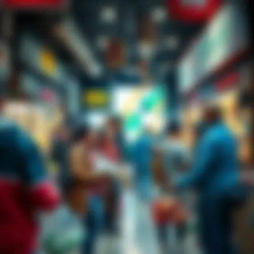 A group of diverse people exchanging goods in a vibrant marketplace without using cash, showcasing various types of innovative currencies and services.