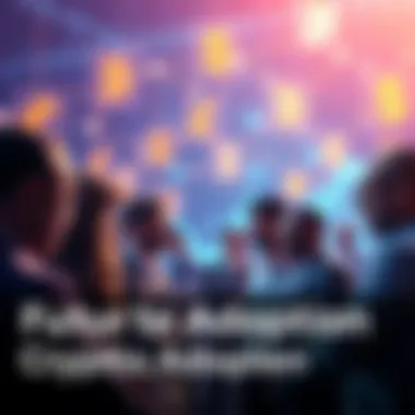 A group of people discussing cryptocurrency innovations with digital currency symbols in the background