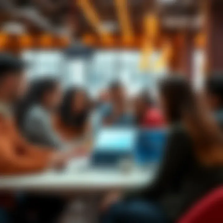 A group of diverse people discussing cryptocurrency trends and predictions in a café setting, with charts and graphs visible on a laptop.