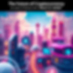 An artist's vision of a digital cityscape featuring vibrant cryptocurrencies and futuristic technology in a bright sky.