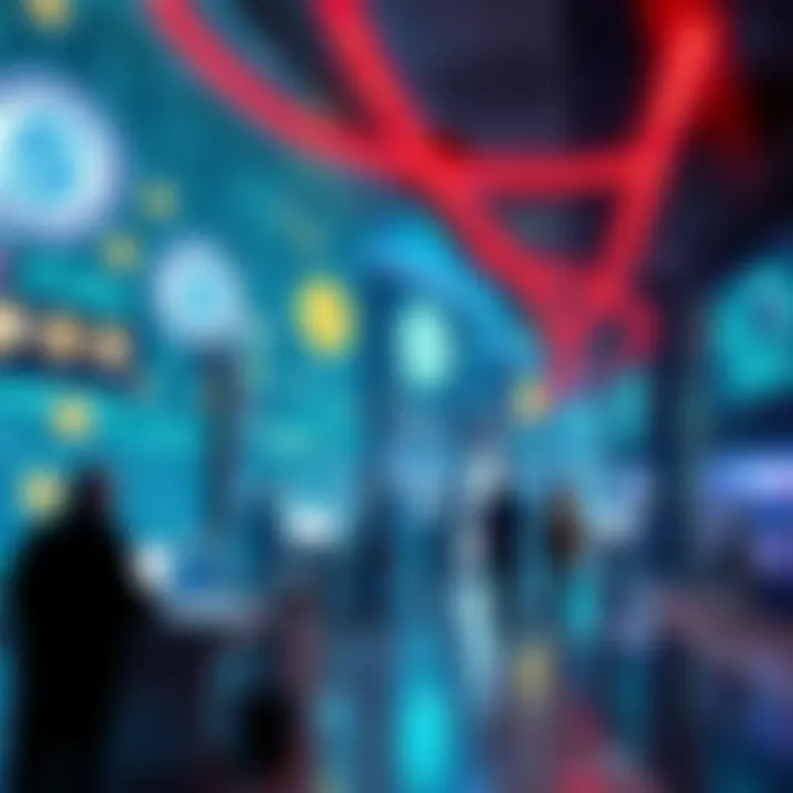A futuristic scene depicting digital currency symbols and innovative payment systems with people using technology for transactions.