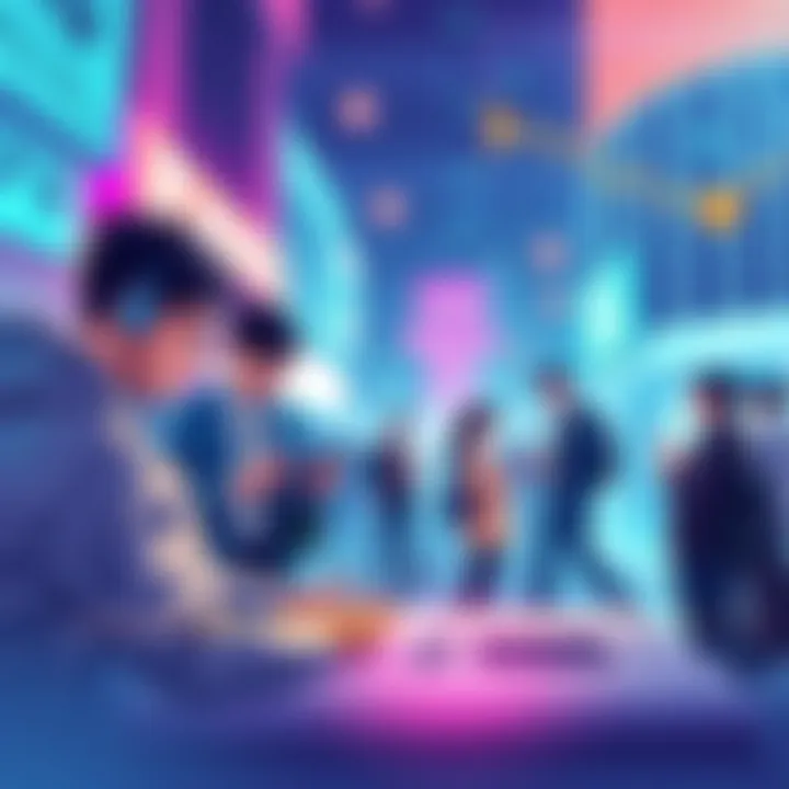 A digital illustration showing people using advanced technology for financial transactions in 2025, including smartphones and virtual currencies.