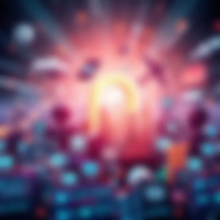 A collage of futuristic technology icons and symbols representing politics, society, and advancements, set against a bright, forward-looking background.