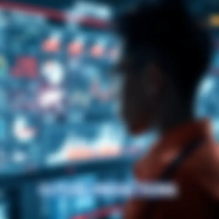 A person looking at a digital screen displaying graphs and charts of future trends.