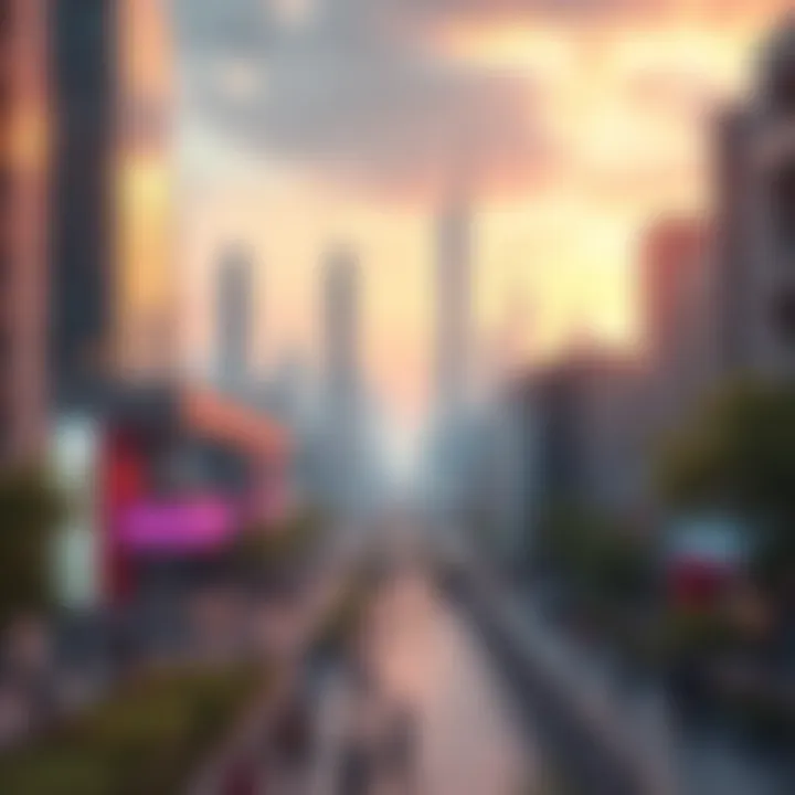A vibrant city in 2026 with advanced technology, green spaces, and diverse people interacting.
