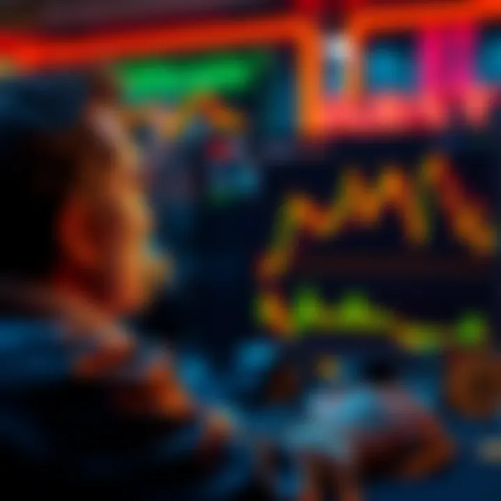 A man reflecting on his gambling losses while studying a Bitcoin price chart on a computer screen.