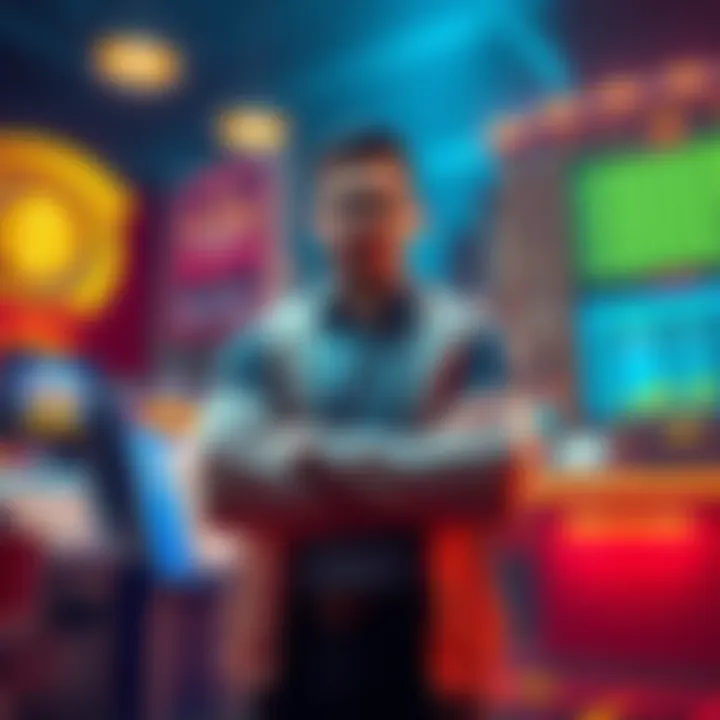 A confident person standing in front of a digital currency display, showcasing a transformation from a casual gambler to a knowledgeable crypto expert.
