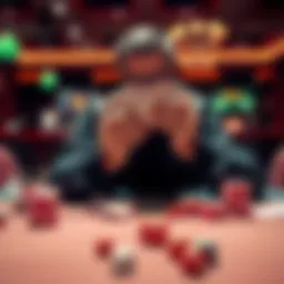 Gambling and Luck Representation A person sitting at a casino table, holding cards, with dice and chips scattered around, showcasing the mix of strategy and chance in gaming.