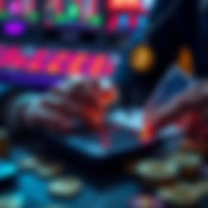 A person calculating their gambling deposits and withdrawals on a calculator, with credit cards and cryptocurrency symbols around them.