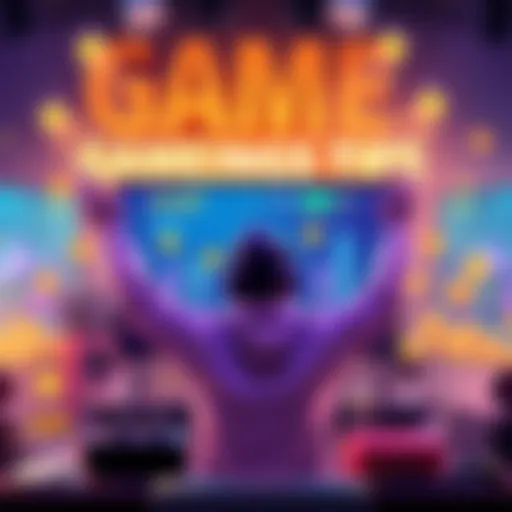 An illustration of a gamer celebrating success while looking at game earnings on a screen, surrounded by gaming accessories.