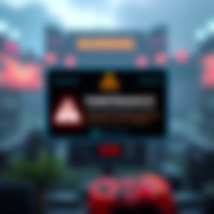 A digital notice showing a game undergoing maintenance, with a warning symbol and a timer, indicating access issues for players.