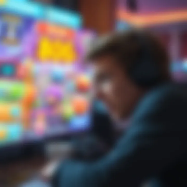 A gamer looking exhausted while staring at a game screen, displaying vibrant graphics and a progress bar showing 800 levels completed.