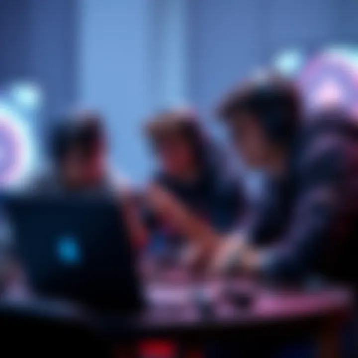 A group of gamers debating about the pros and cons of crypto games with game controllers and a laptop visible in the foreground