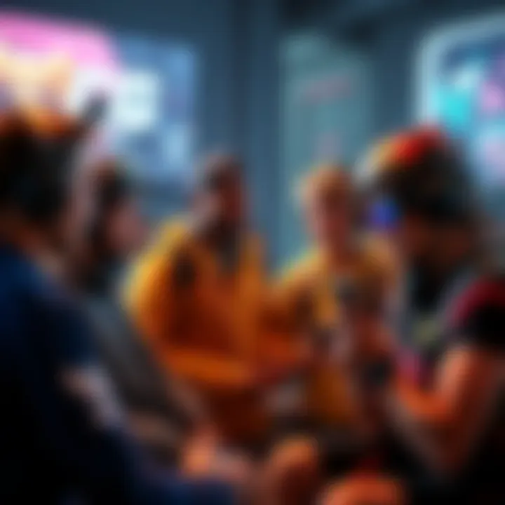 A group of gamers engaged in conversation about the latest gaming trends and updates