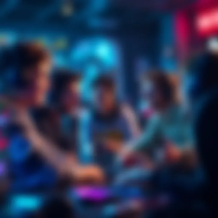 Group of gamers discussing strategies to boost their AB earnings in a friendly setting