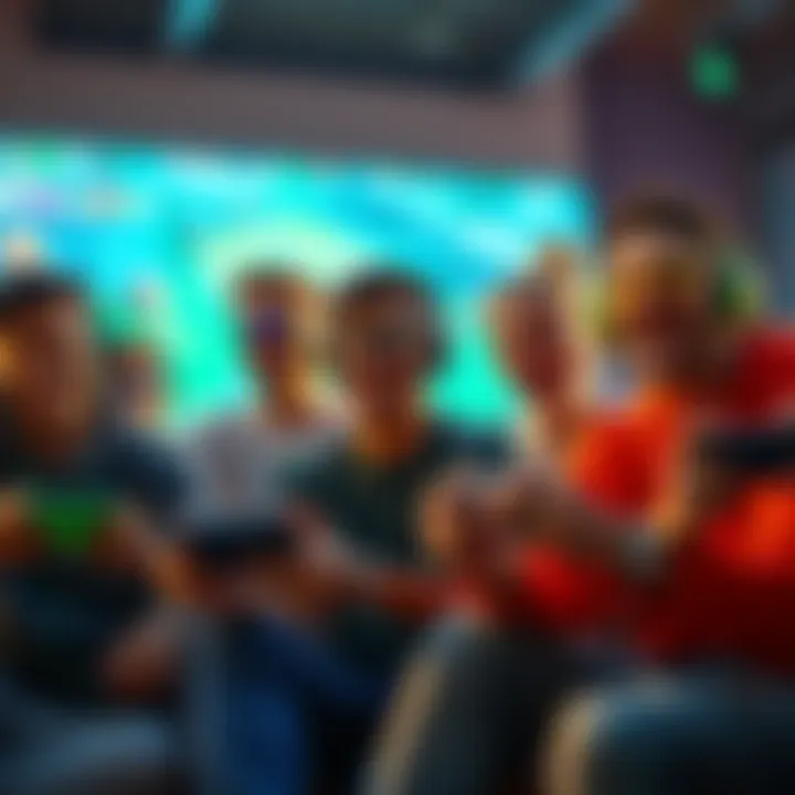 A group of diverse gamers enjoying various new games on different devices, showcasing excitement and engagement