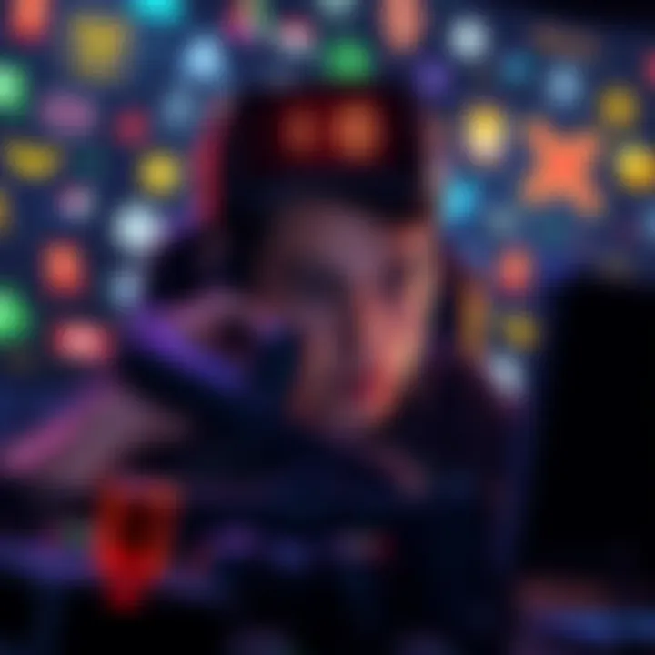A person intensely focused on a screen, surrounded by game icons and a timer counting down, illustrating the challenge of winning games quickly.