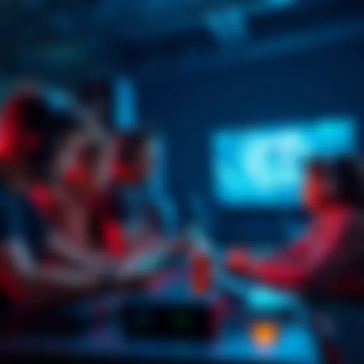 Gaming Community Discussion A group of gamers debating issues on a forum with various devices in front of them