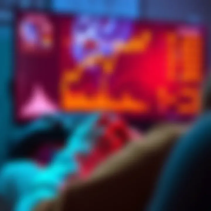 A person playing a video game on a console while looking at a chart showing rising investments, symbolizing the debate between gaming as entertainment and investment.