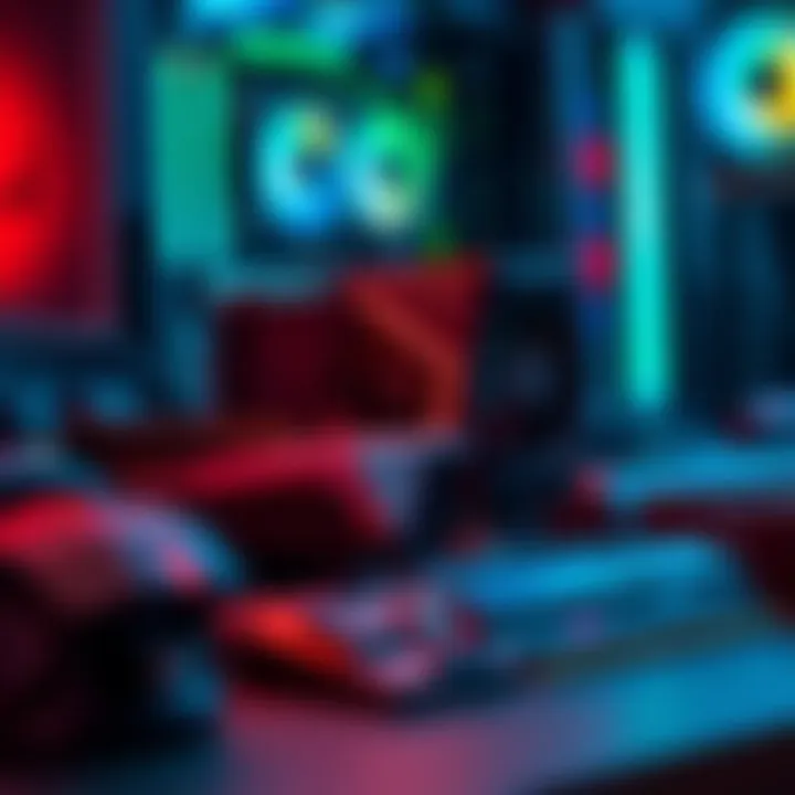 A close-up view of various gaming PC components including graphics card, motherboard, and RAM sticks on a desk.