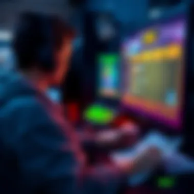 A gamer in front of a computer, focused on a screen displaying a mini-game for earning AB points, with strategy charts nearby.