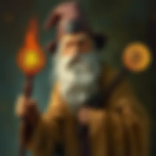 Gandalf with Bitcoin Staff A painting of Gandalf holding a staff topped with a Bitcoin symbol, blending fantasy with cryptocurrency culture.