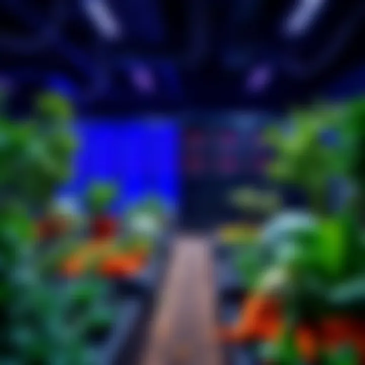 A garden that features a data center alongside various vegetables like carrots and cabbages growing in raised beds