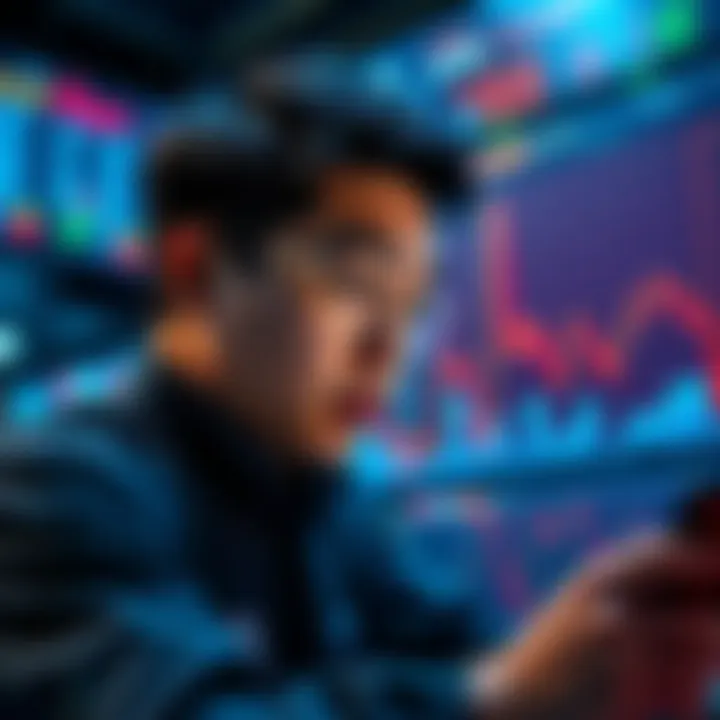 A worried trader looking at financial charts showing a sharp decline in equity, representing Garett Jin's massive liquidation during a market crash.