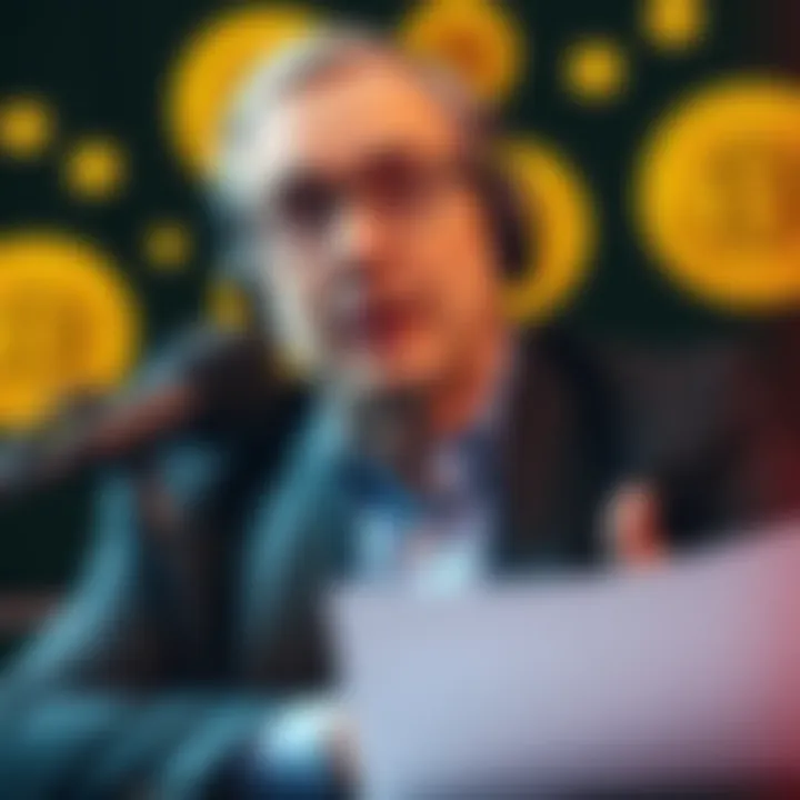 Gary Stevenson speaking in a podcast setting, addressing issues of wealth inequality and debt-driven systems, with Bitcoin symbols in the background.