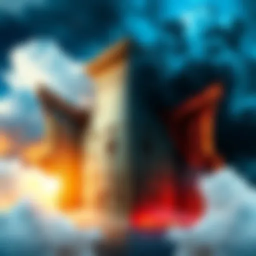 A pair of large gates representing heaven and hell, one adorned with bright clouds and light, the other shrouded in darkness and flames.