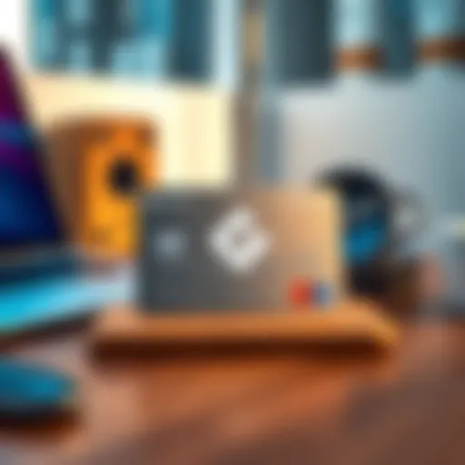 A Gemini Credit Card displayed on a wooden desk with a laptop and coffee cup in the background, highlighting its sleek design and crypto logo.