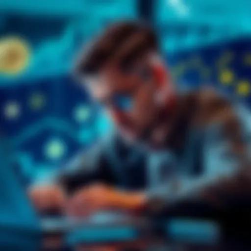 A concerned investor looking at data on a laptop with cryptocurrency symbols in the background