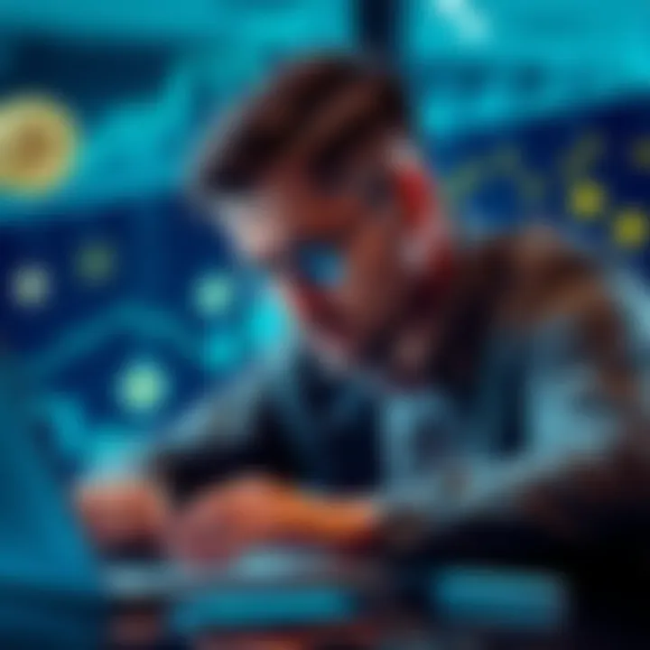 A concerned investor looking at data on a laptop with cryptocurrency symbols in the background