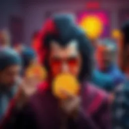 Gene Simmons looking concerned while holding cryptocurrency symbols, surrounded by people discussing investments.