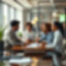 A group of diverse people discussing the Genius Law in a modern office setting, with legal documents and technology on the table.