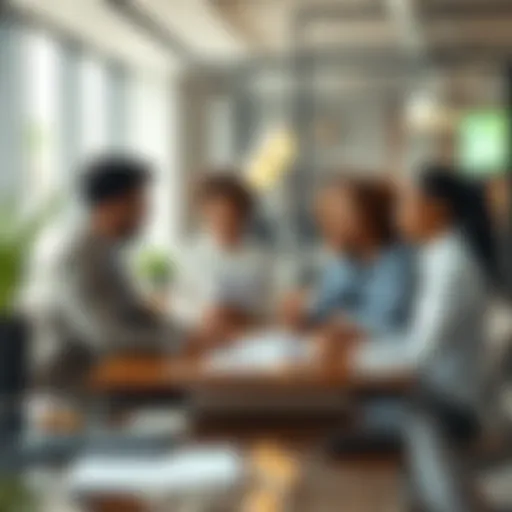 A group of diverse people discussing the Genius Law in a modern office setting, with legal documents and technology on the table.
