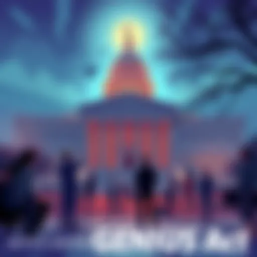 Illustration of a government building with people discussing financial legislation, highlighting the GENIUS Act's impact on banking and housing sectors.