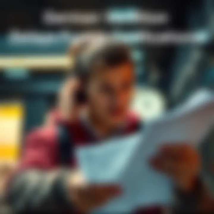 A frustrated customer looking at a clock while holding paperwork for identity verification in Germany