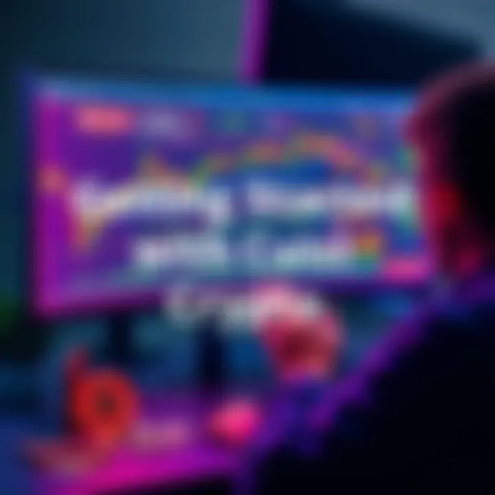 A person looking at a computer screen showing cryptocurrency charts and graphs, with a wallet and coins on the table.