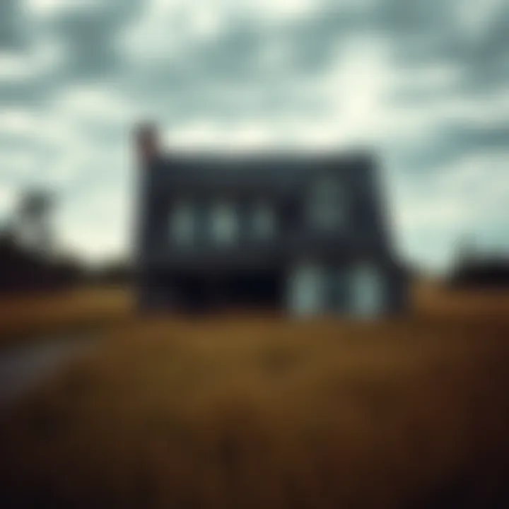 A rural setting shows a weathered, unvisited cottage surrounded by tall grass and trees under a cloudy sky.