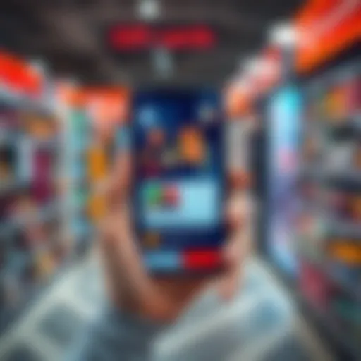 A person holds a smartphone showing a gift card app while shopping, illustrating the use of cryptocurrency for everyday purchases through gift cards.