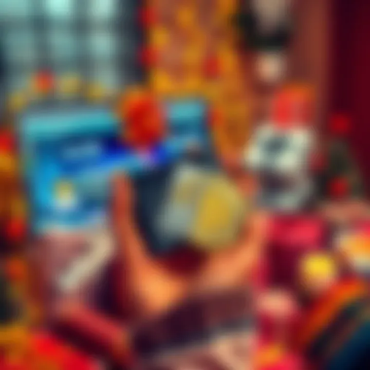 A person holding a hardware wallet with Bitcoin, surrounded by festive gift-wrapping items and a computer screen showing cryptocurrency.