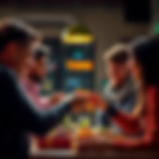 A group of friends exchanging colorful Atlas Bugs with excitement, showing a potential fee in the background