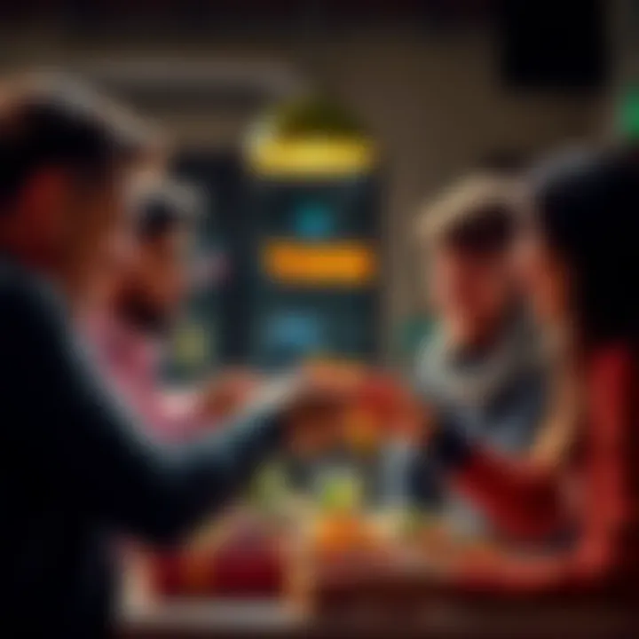 A group of friends exchanging colorful Atlas Bugs with excitement, showing a potential fee in the background