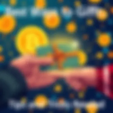 A person handing over a Bitcoin gift card to another person, with Bitcoin symbols in the background