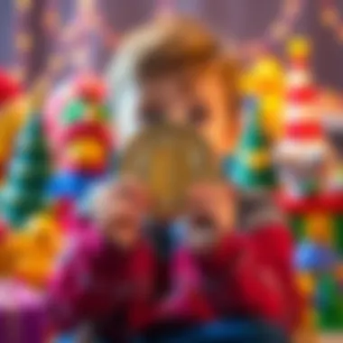 A child holding a Bitcoin symbol with colorful toys in the background, showing a contrast of gifts.